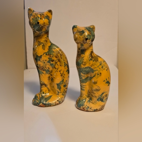 Vintage Floral Decoupage Patchwork Calico Cat Joan Baker Figurines  Set Of 2 - Picture 1 of 10